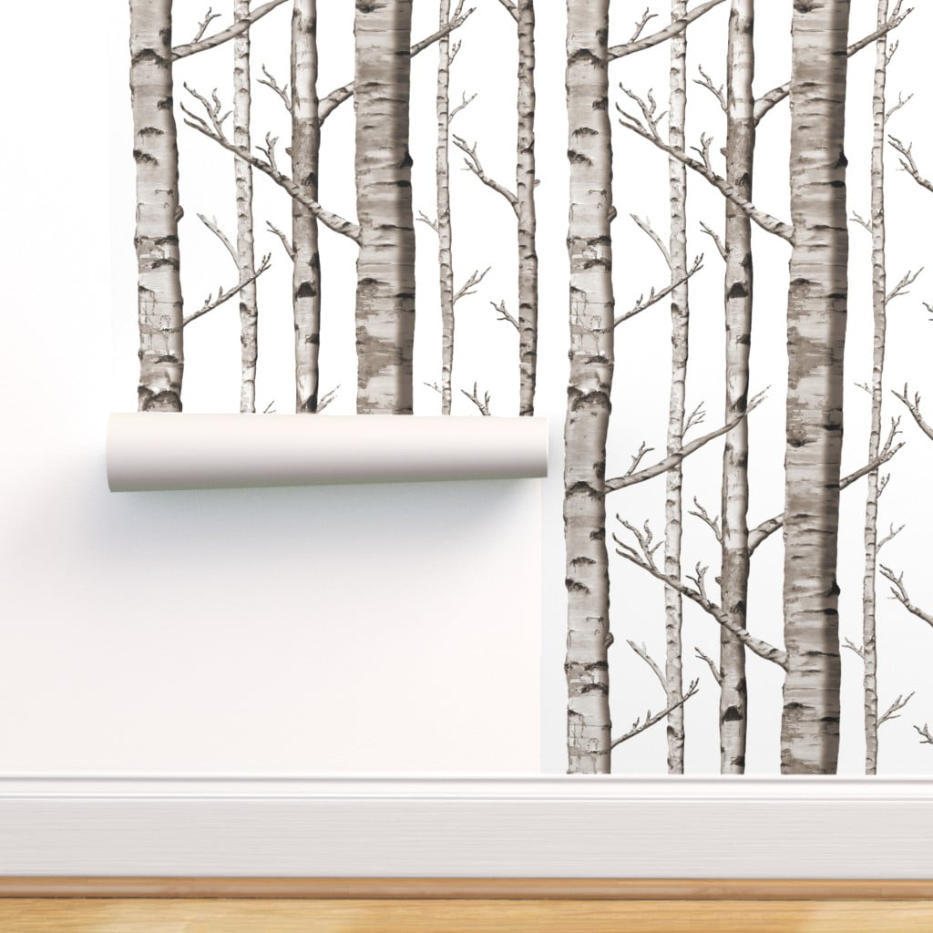 Removable Water-Activated Wallpaper Snow Birds Winter Birch Forest Woodland 