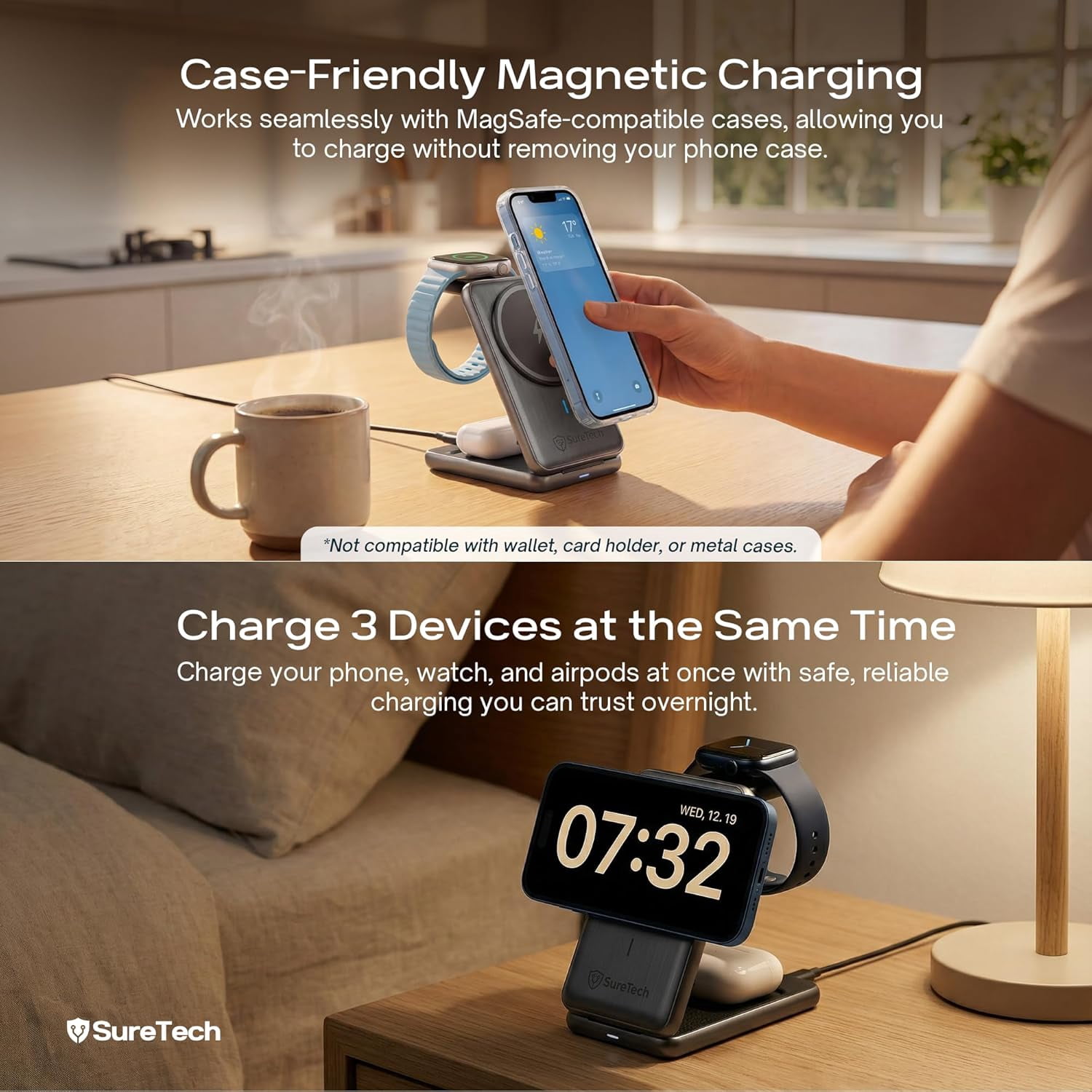 SureTech Qi2.2 Certified 3-in-1 Foldable Wireless Charging Station for Apple Devices with 65W Adapter, 25W Fast Charging Dock, Portable Magnetic Charger for iPhone 17-13, Apple Watch Series & AirPods