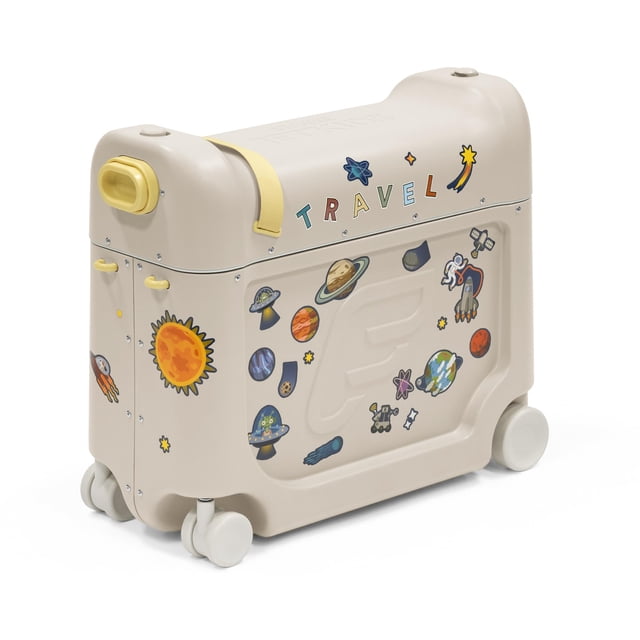 Bedbox JetKids de Stokke, blanco Moonglow, maleta para niños de 2 a 7 años (hasta 77 libras), se transforma en cama, incluye colchón, pegatinas decorativas y correa de transporte ajustable
