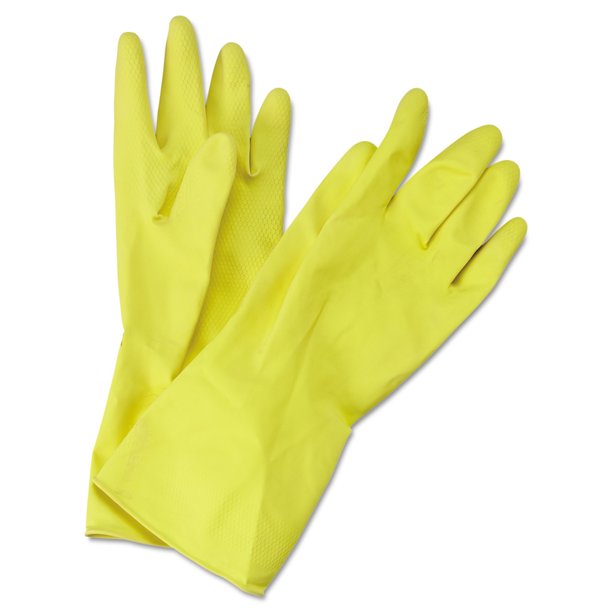 Boardwalk FlockLined Latex Cleaning Gloves, Medium, Yellow, 12 Pairs