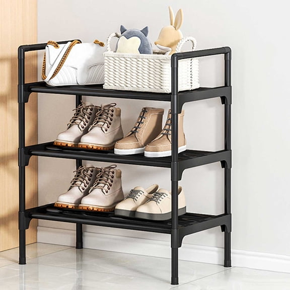 Fmxomd 3-Tier Shoe Rack, Shoe Shelf Storage Organizer Heavy Duty Plastic Free Standing Shoe Rack for Entryway Closet Doorway (Black, 22"x18")