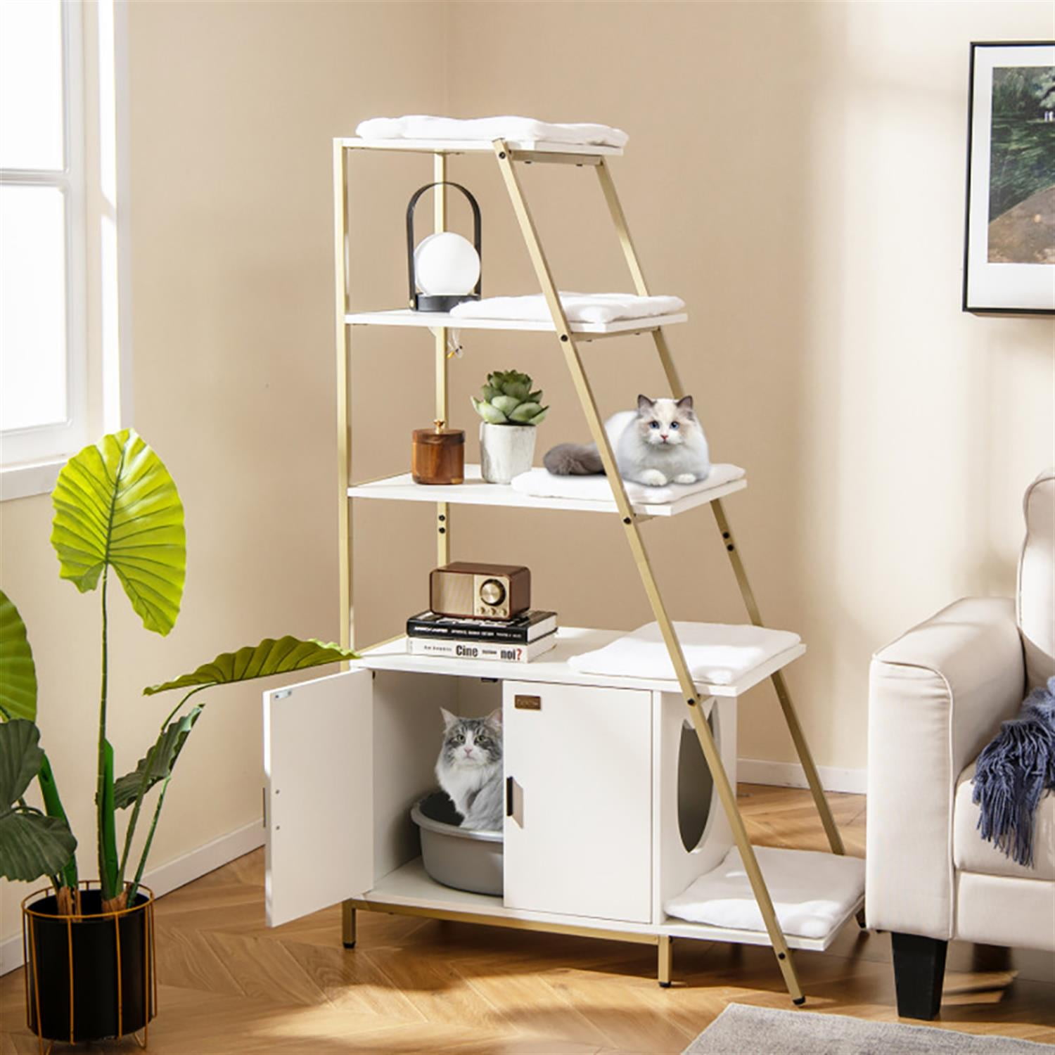 Kadyn Large Cat Litter Box Enclosure with Storage and Ladder Shelf, Hidden Litter Box for Cats, Cat House Furniture for Side Table or Nightstand, White