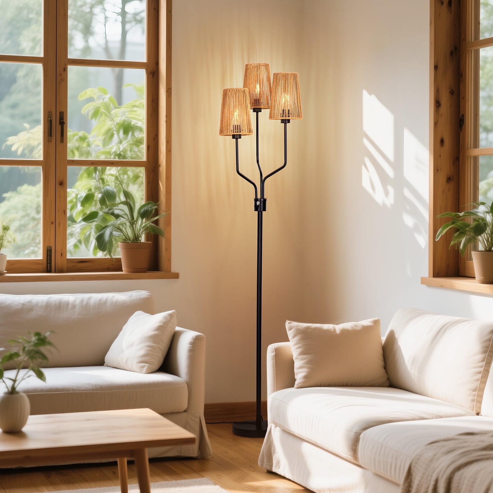 SUNMORY Rattan Floor Lamp, Floor Lamps for Living Room with 3 Tier Dimmable Lighting, Bedroom Floor Lamp for Farmhouse, Rustic Floor Light, Boho Style, Ideal for Living Room, Bedroom, Sofa
