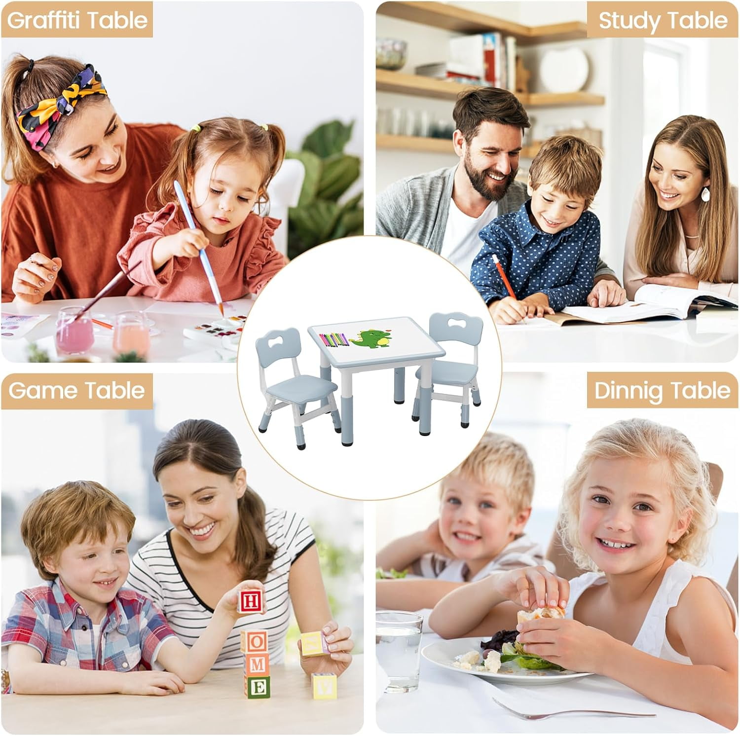 COZONY Adjustable Kids Table & 2 Chairs Set, 4 in 1 Toddler Activity Table Set with Graffiti Tabletop, Preschool Table Set for Reading, Drawing, Eating, Studying,Light Gray