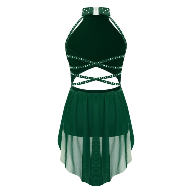 TiaoBug Girls Shiny Rhinestone Latin Jazz Dance Dress Salsa Cha-Cha Rumba  Dance Leotard with Flowy Skirt Green 14 - Walmart.com