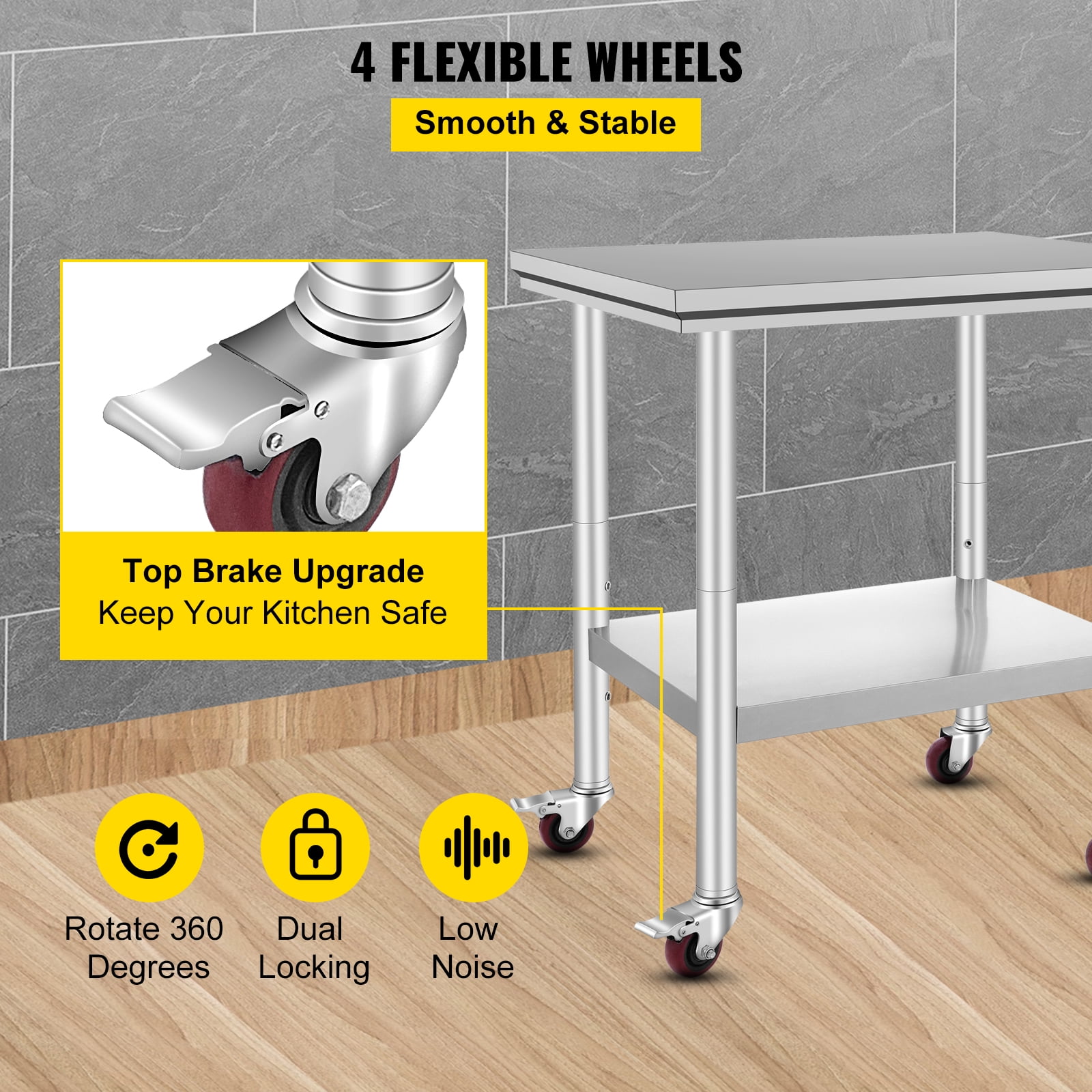 VEVORbrand Stainless Steel Work Table with Wheels 24 x 30 x 32 inch Prep Table with casters Heavy Duty Work Table for Commercial Kitchen Restaurant Business