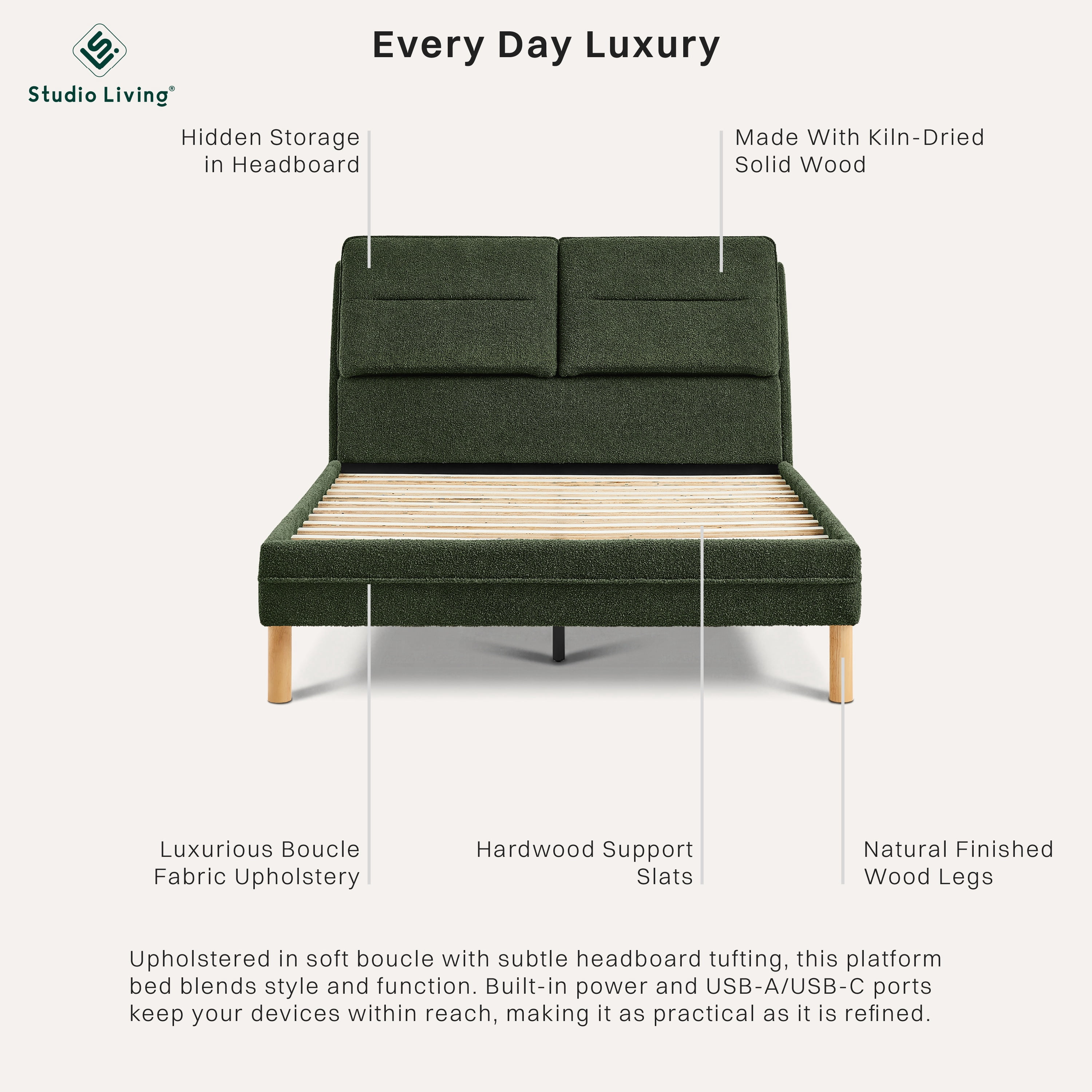 Studio Living Emilia Upholstered Queen Size Bed with Storage Headboard, Green