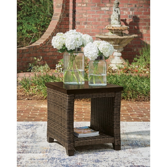 Signature Design by Ashley Drakes Beach Outdoor Square End Table, Dark Brown, Wicker Patio Side Table with Shelf