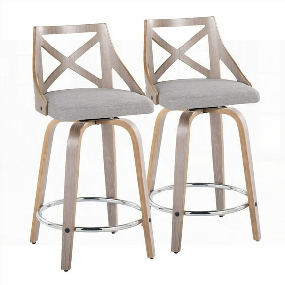 2-Piece Light Grey Wood & Grey Fabric Farmhouse Swivel Counter Stools with Round Chrome Footrest by LumiSource