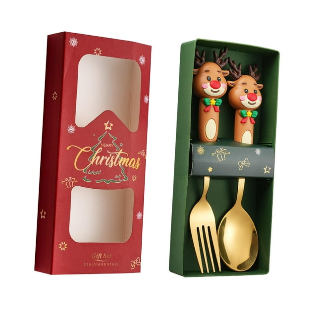 Juego de 2 tenedores y cucharas navideñas para Navidad, cubiertos y cucharas de postre. Alce