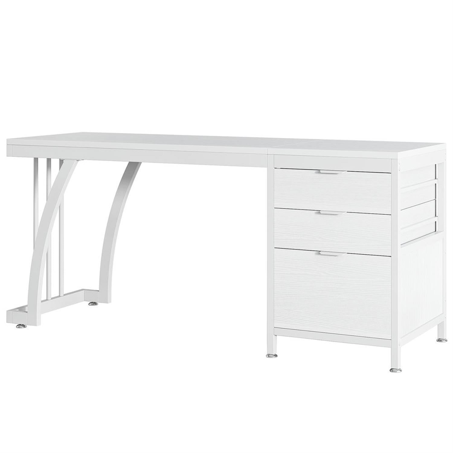 Demi Bonn 59" Industrial Computer Desk with Reversible Drawer Cabinet, Modern Study Writing Gaming Table for Home Office, White