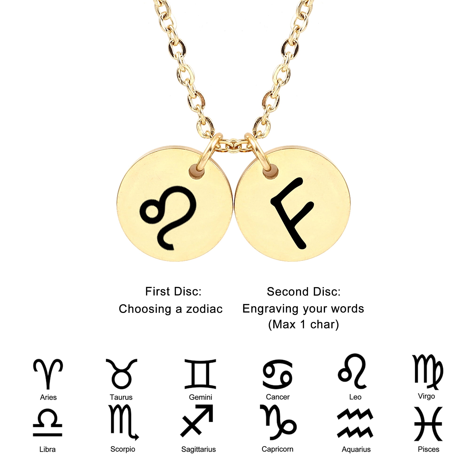 Personalized Round Constellation Initial Necklace - Engraved Zodiac Symbol Jewelry - Christmas Gift for Her - Stainless Steel - 18" Chain - Gold Leo