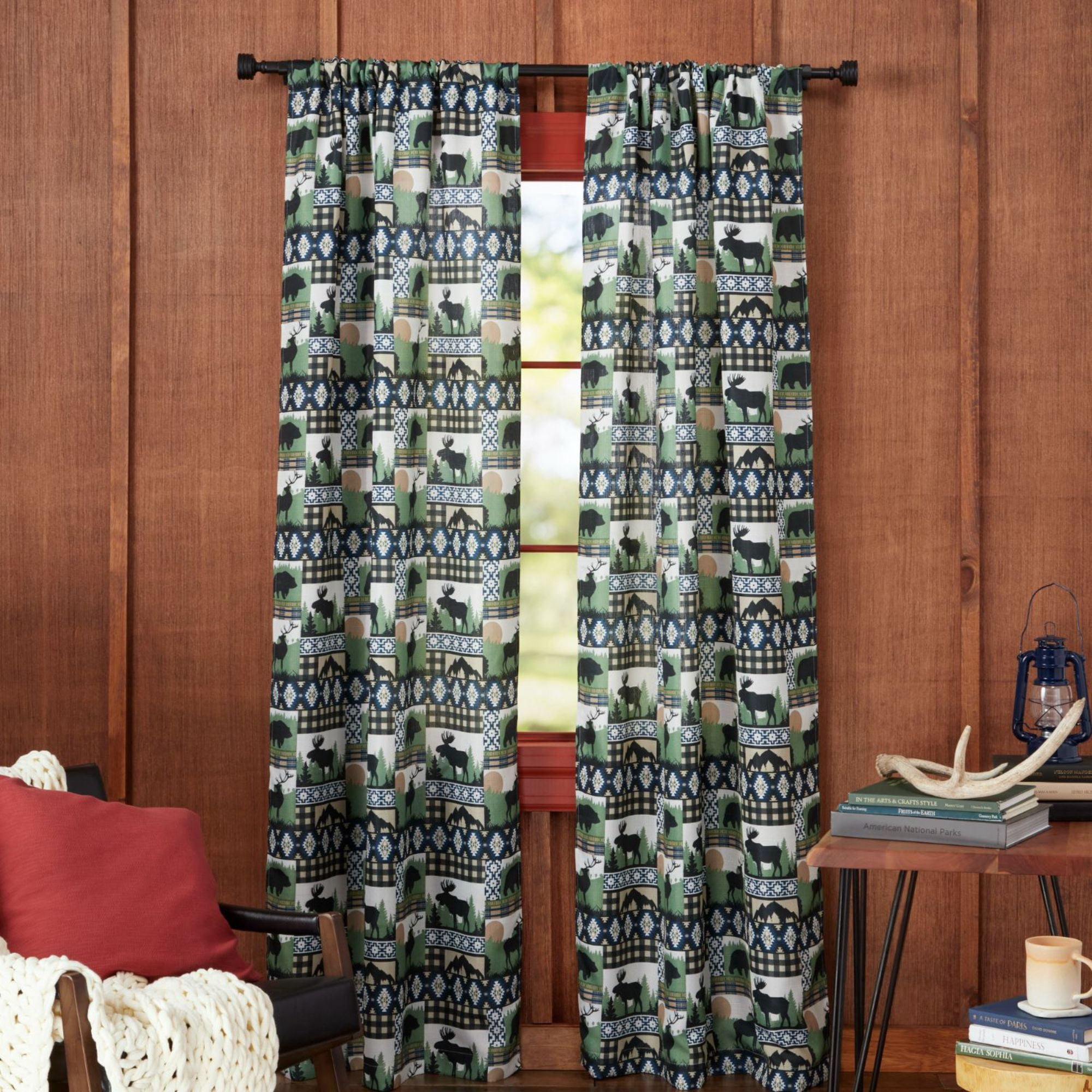 Estate View™ Moose Lodge Light Filtering Rod Pocket Curtain Panel Pair, 38"x84", Green Black