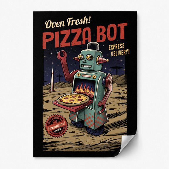 Retro Pizza Delivery Robot Poster Wall Art, Red, Teal and Black Sci-Fi Diner Design for Kitchen or Game Room, No Frame Included