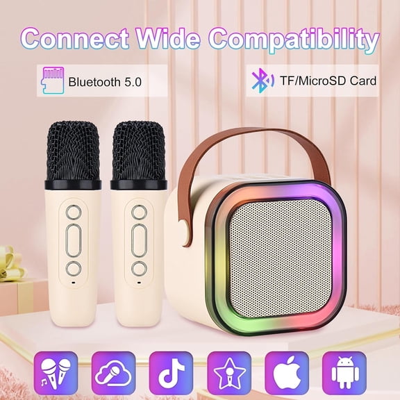 FFORCE Mini Karaoke Machine for Kids and Adults — Portable Bluetooth Karaoke Speaker with 2 Wireless Microphones, Home KTV, Birthday Gift for Girls Ages 4-12 (Beige)