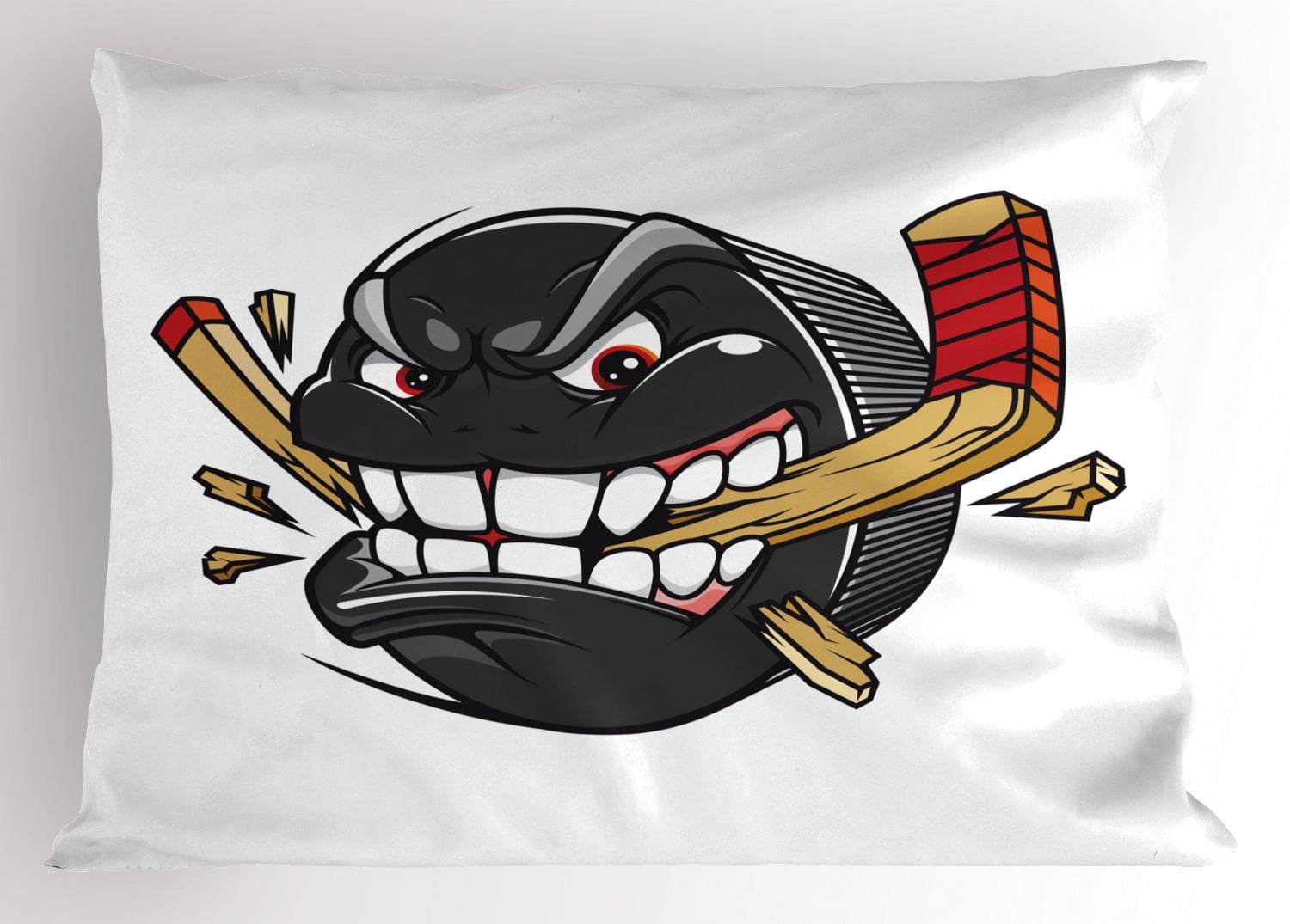 Hockey Pillow Sham Cartoon Hockey Puck Bites and Breaks Hockey Stick