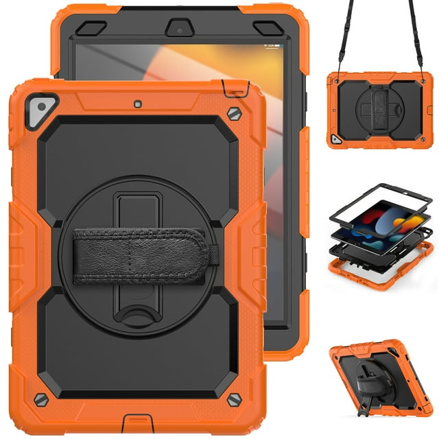 Case for iPad Air 3rd Generation 2019/iPad Pro 10.5 Inch 2017 with Screen Protector, 360 Degree Rotating Kickstand Hand Strap Heavy Duty Shockproof Cover with Shoulder Strap, Orange
