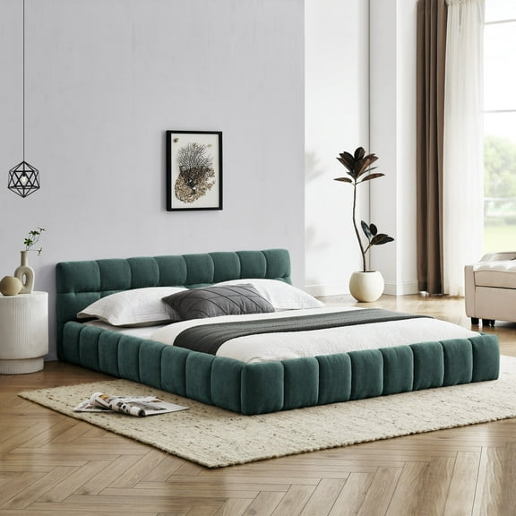 Queen Size Bed Frame Queen Size Upholstered Bed Frame with Thick Fabric, Chenille Fabric Grounded Queen Size Platform Bed with Headboard and Solid Frame. No Box Spring Needed, GREEN(68''*86.5''*23.5'