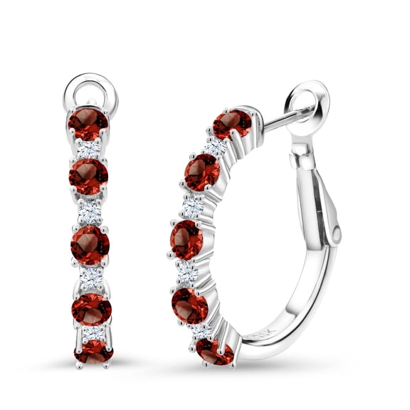 Gem Stone King 925 Sterling Silver Women Hoop Earrings Red Garnet White Created Sapphire (1.82 Cttw, Round Cut, 3/7 inch Diameter)