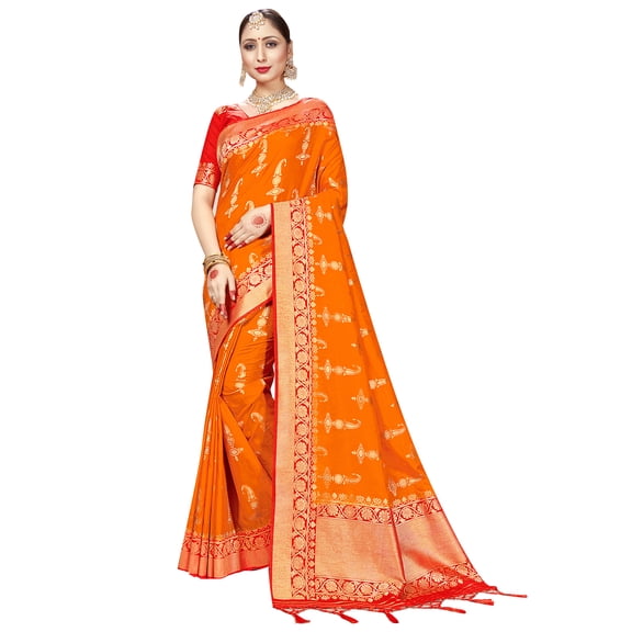 Sarees for Women Banarasi Art Silk Woven Saree || Ethnic Indian Gift Traditional Wedding Gift Sari with Unstitched Blouse Orange