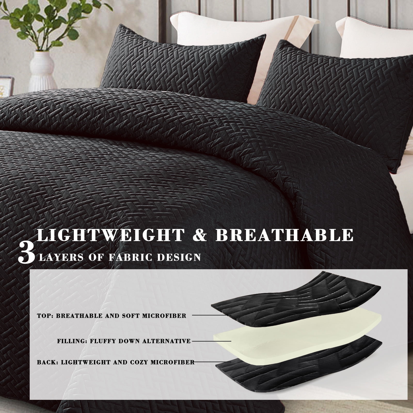 Exclusivo Mezcla 3-Piece Queen Size Quilt Set, Basket Quilted Bedspread/Coverlet/Bed Cover(90"x 96", Black)
