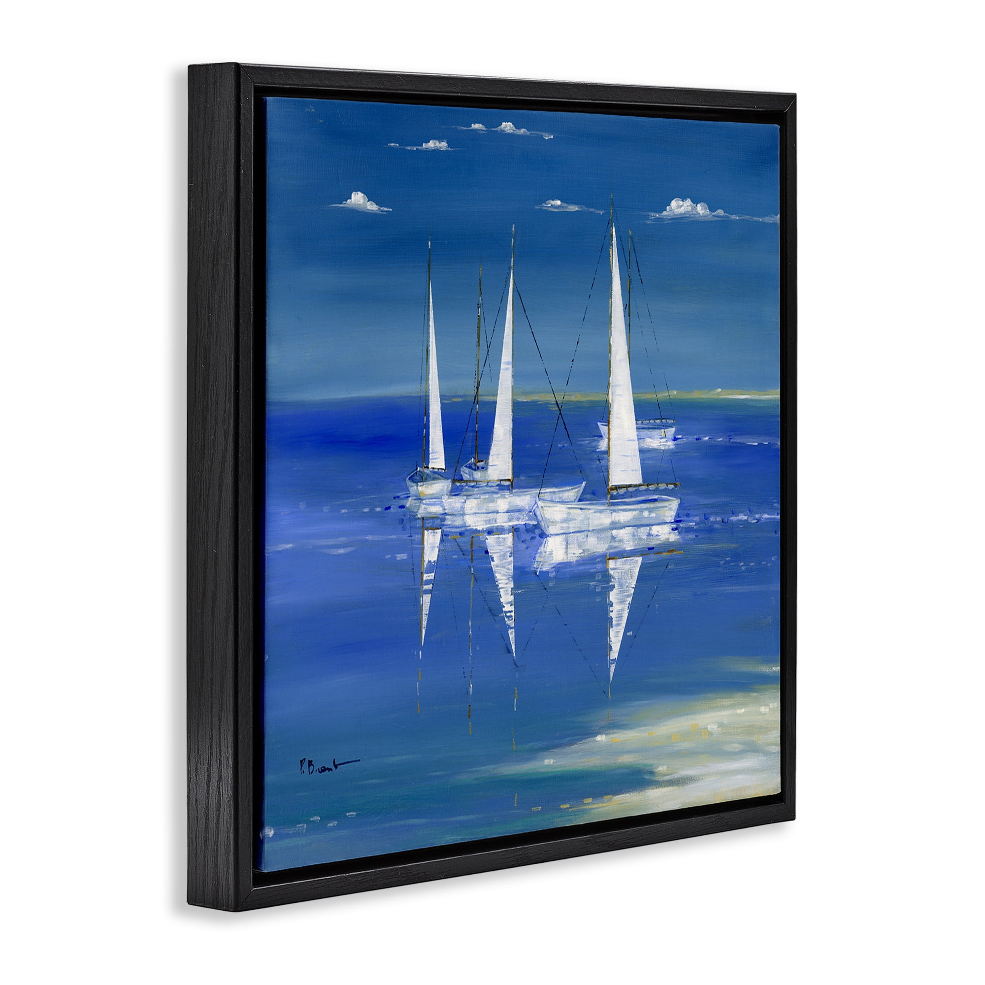Stupell Industries Serenity Sailboats Reflected on Water Black Framed Floater Canvas Wall Art, design by Paul Brent