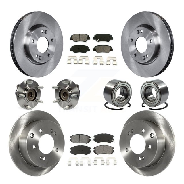 Transit Auto Front Rear Wheel Hub Bearings Assembly Disc Brake Rotors and Semi-Metallic Pads Kit (10Pc) for Car Kia Soul - Left Right Side (Driver Passenger) KBB-106746