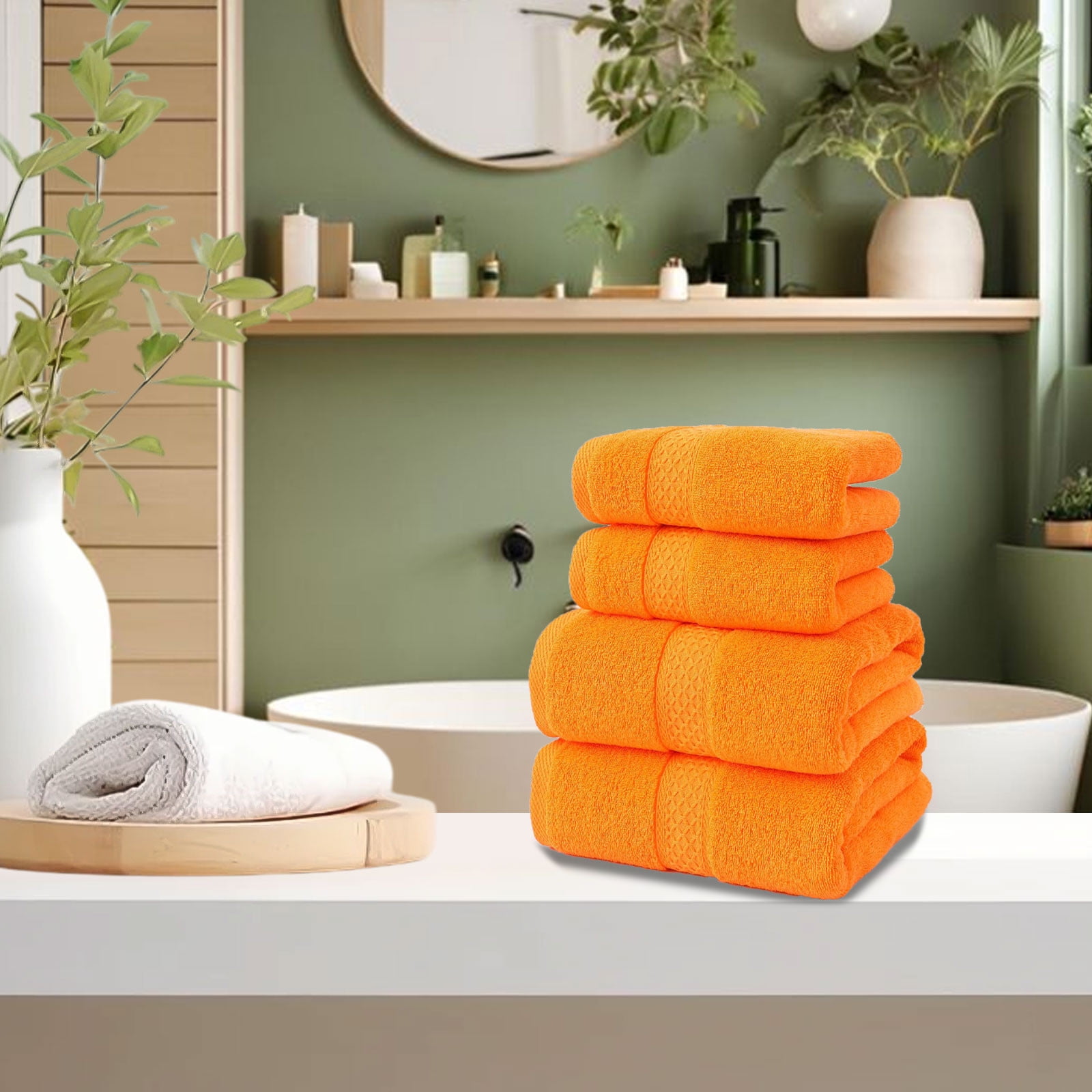 Elainilye Cotton Towels for Bathroom, 4-Pack Ultra Soft & Absorbent Towel - Includes 2 Hand Towels, 2 Bath Towels for Bathroom Spa Hotel Home Use, Orange
