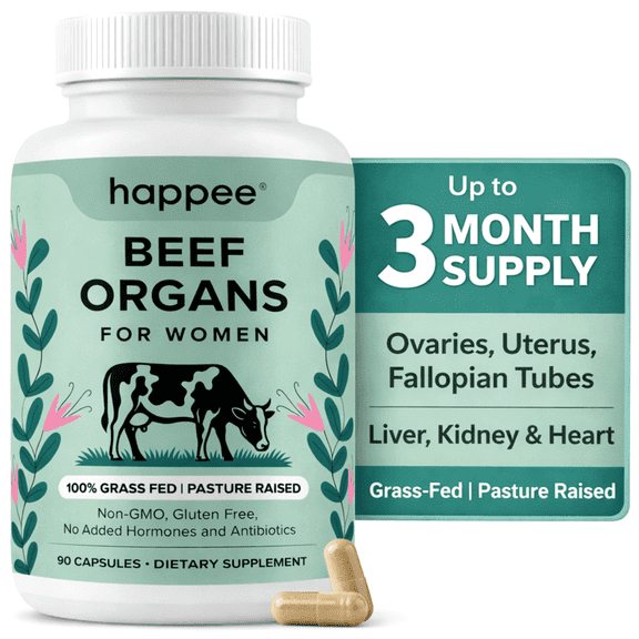Happee Beef Organ Supplement for Women | Grass-Fed Liver, Heart, Kidney, Ovary & Uterus Blend | 90 Caps