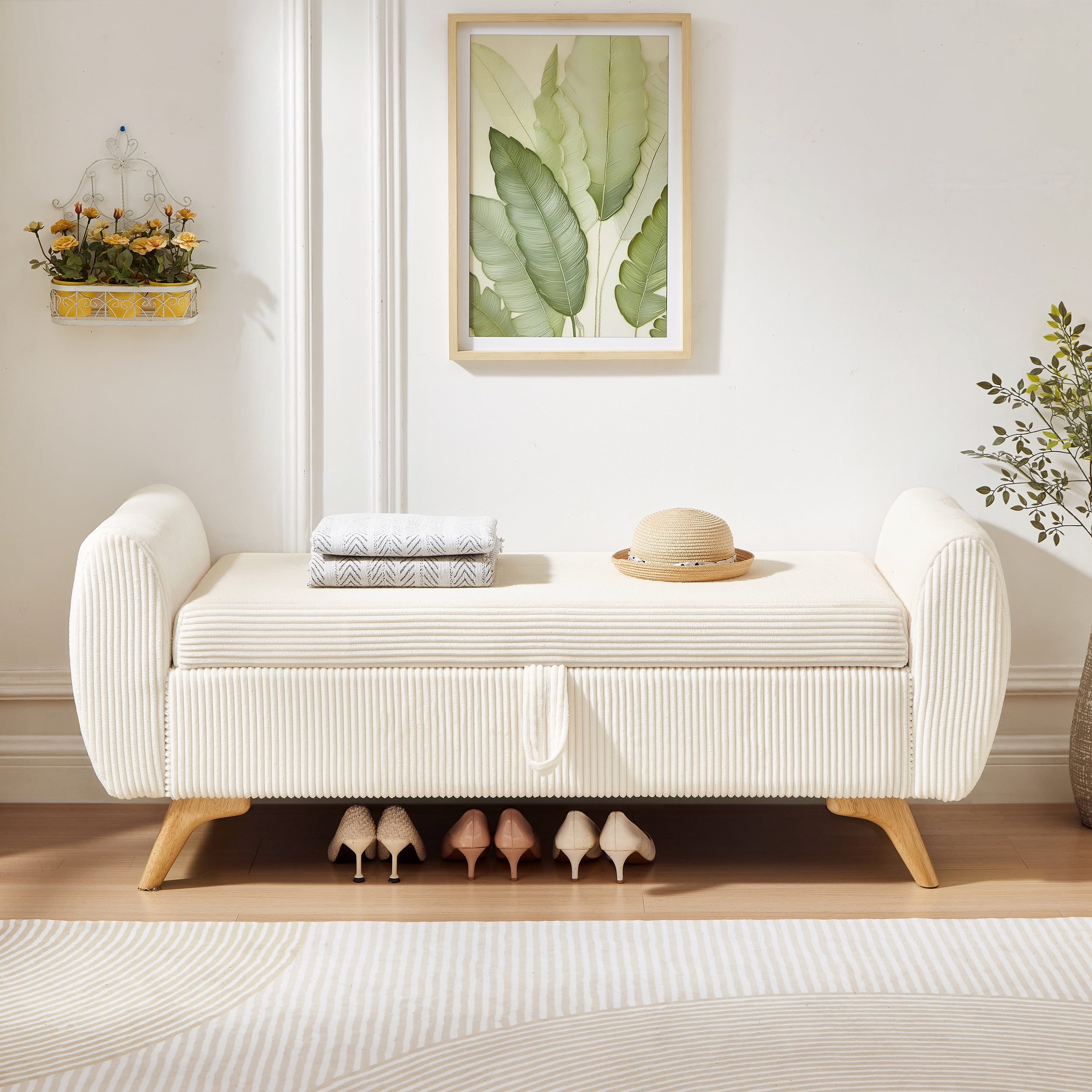 Storage Bed Bench 57 Inch, Corduroy Upholstered Bench with Flip Top Storage for Bedroom Hallway, Beige