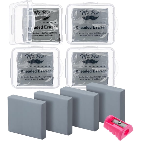 Mr. Pen- Kneaded Eraser, 4 pcs, Gray, Kneaded Erasers for Artists with 1 Sharpener