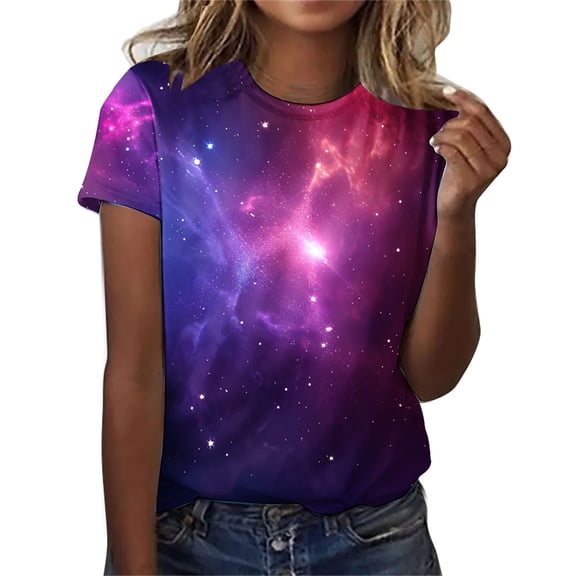 hoksml Women's Galaxy Print Short Sleeve T-Shirt Crew Neck Cosmic Nebula Space Graphic Casual Summer Top