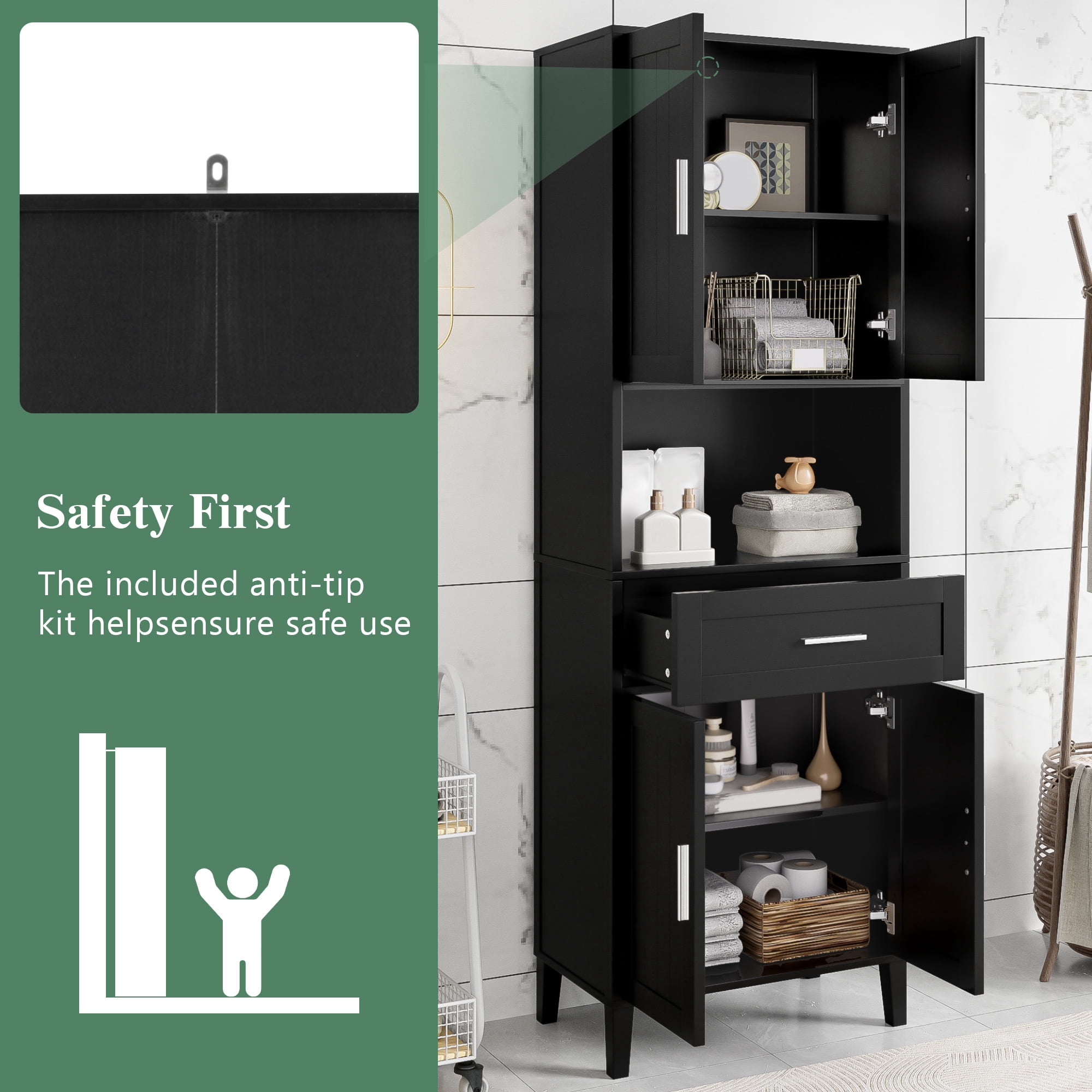 Pusnapku 70" Tall Storage Cabinet, Wood Pantry Cabinet with 4 Doors, Drawer, Adjustable Shelves, Narrow Bathroom Closet for Kitchen, Laundry Room