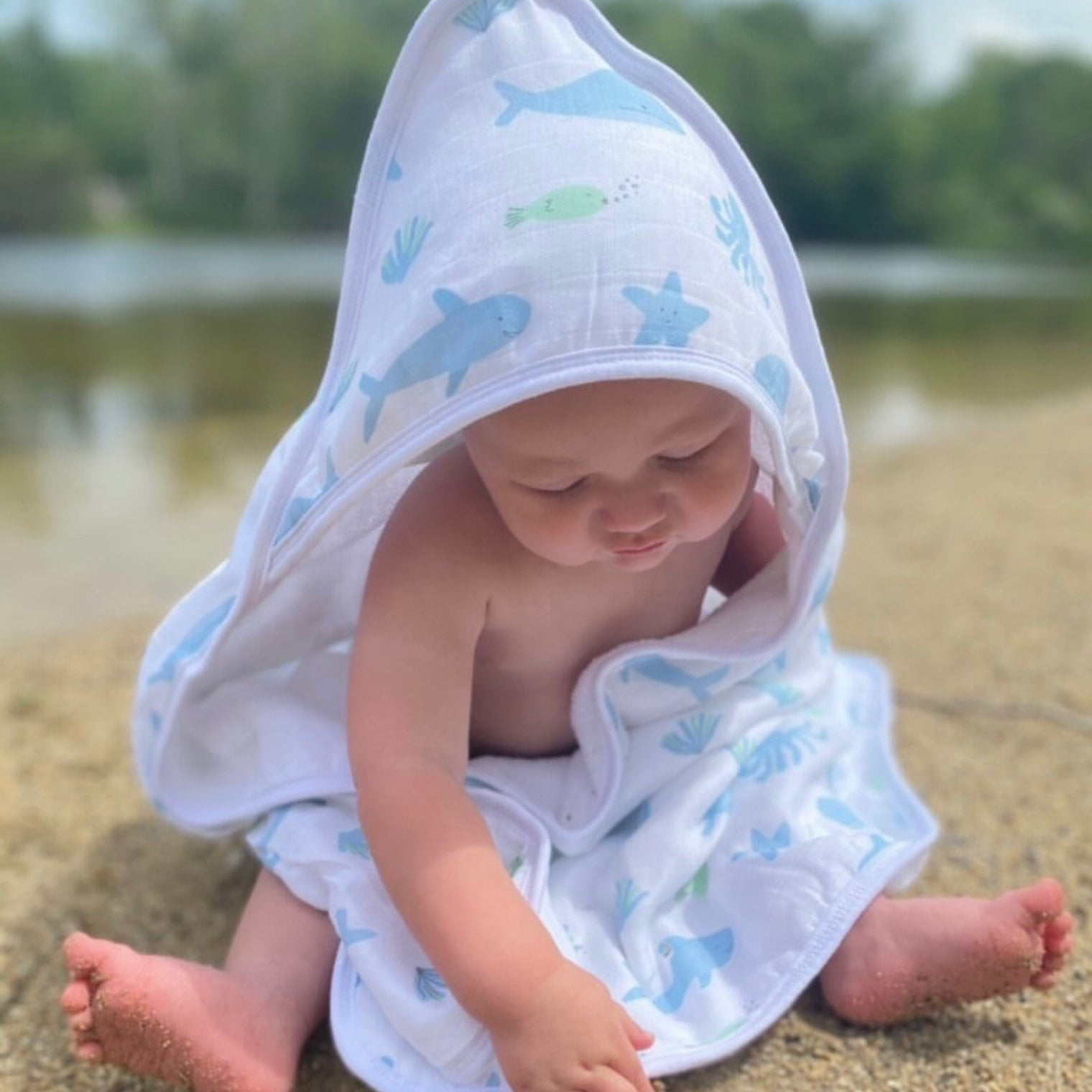Bundled Baby, Oversized Baby Hooded Towel, Made out of Bamboo Muslin, Under the Sea, Ocean Baby Bath
