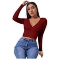 thumbnail image 4 of IROINID Hauts Courts à Manches Longues pour Femmes Réduits Blouse Ample d'Automne Col en V Chandail Décontracté Blouses, Bourgogne, 4 of 9