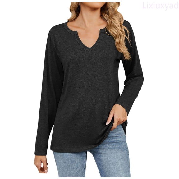 Lixiuxyad Women Fashion Casual T Shirt Solid Color Long Sleeve V Neck Top Blouse Trendy Casual,Black L