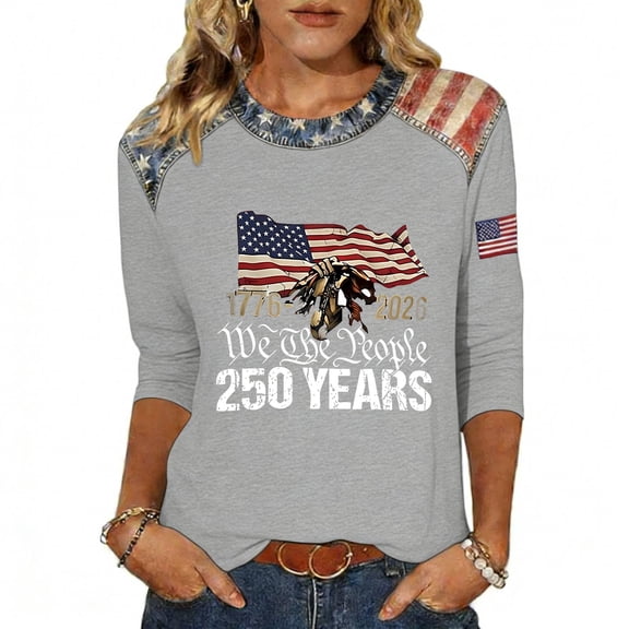 Fgvctg Tops for Women Crewneck Independence Day Patriotic 3/4 Sleeve Tunic Top Casual Usa Flag American 250 Anniversary Blouses Loose 4th Of July Fall Shirts Light Gray S