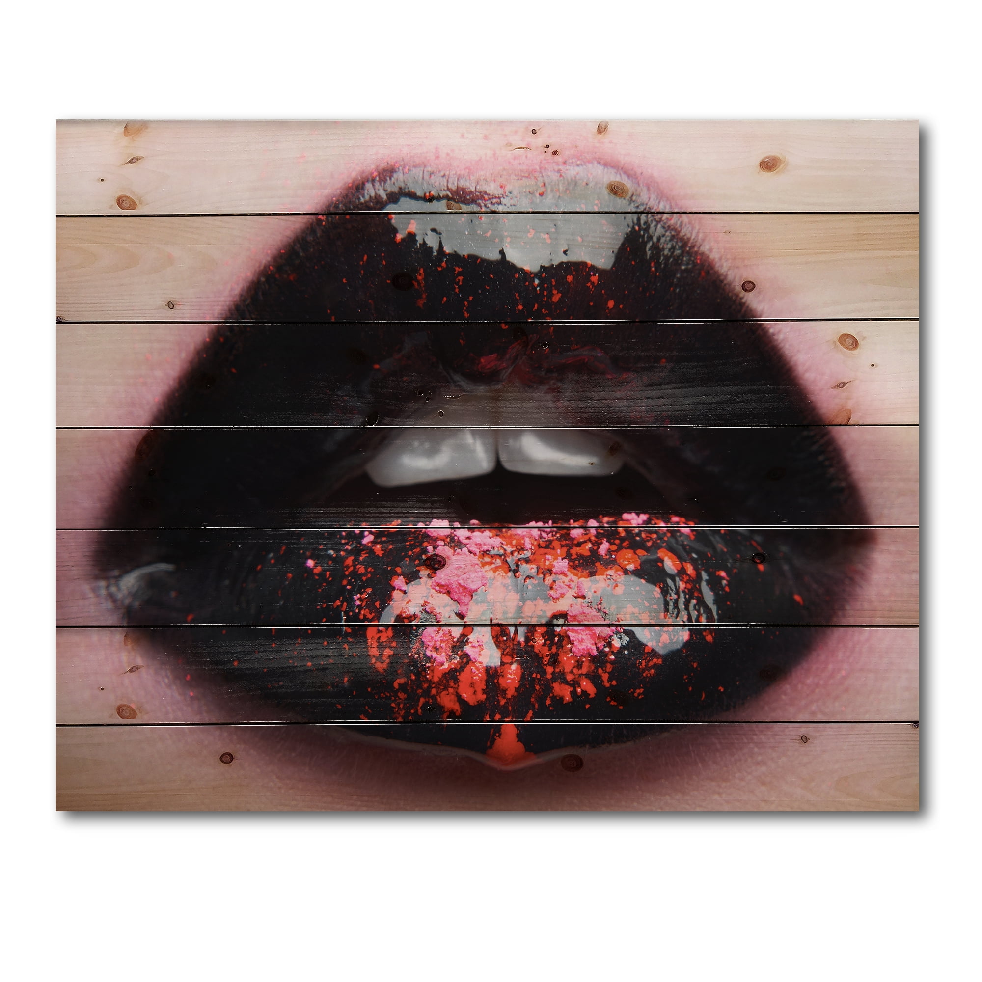 Designart 'Plump Woman Lips With Pink and Black' Modern Print on Natural Pine Wood