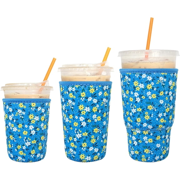 3 Pack Reusable Iced Coffee Sleeves - Insulator Sleeve for Cold Beverages, Neoprene Coffee Cup Holder (Floral 02)