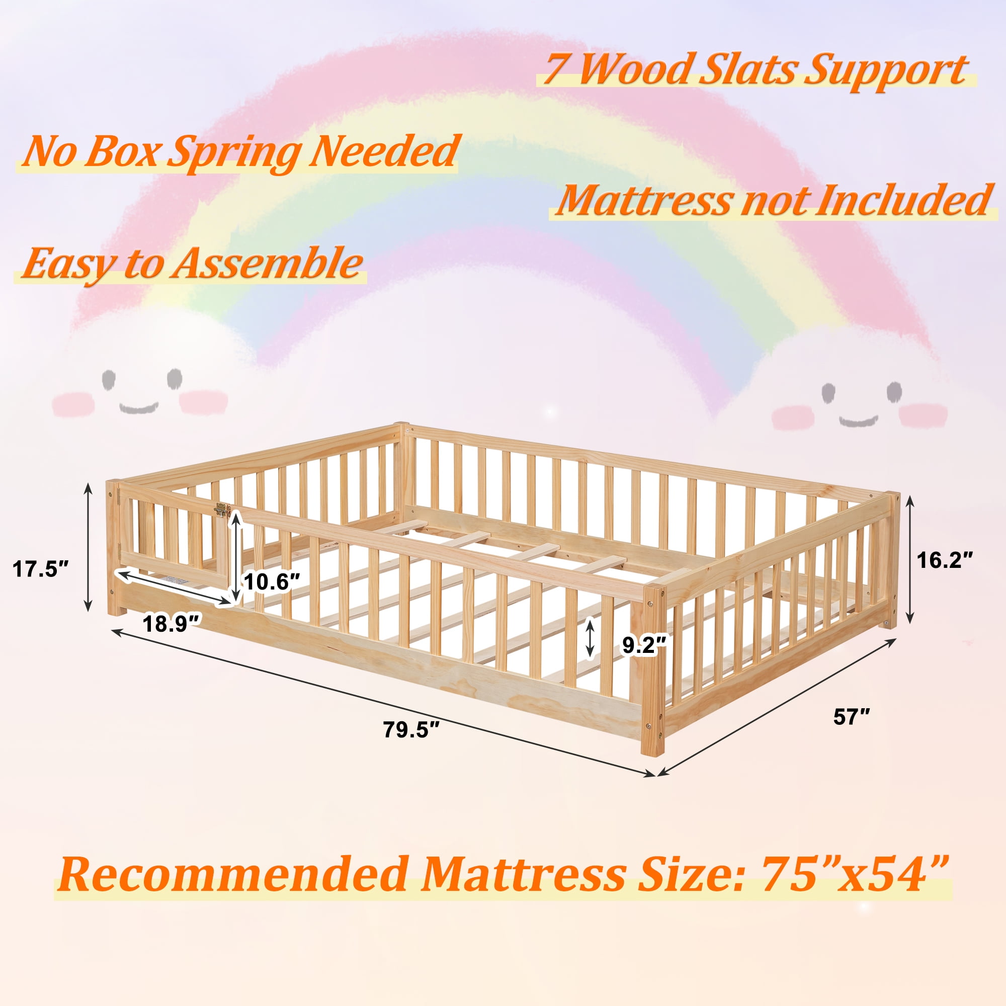 UHOMEPRO Full Size Floor Bed with Fence and Door, Low Profile Montessori Floor Bed for Crib Transition, Solid Wood Cute Bed Frame with Slats Supports, Easy Assembly, No Box Spring Needed, Natural