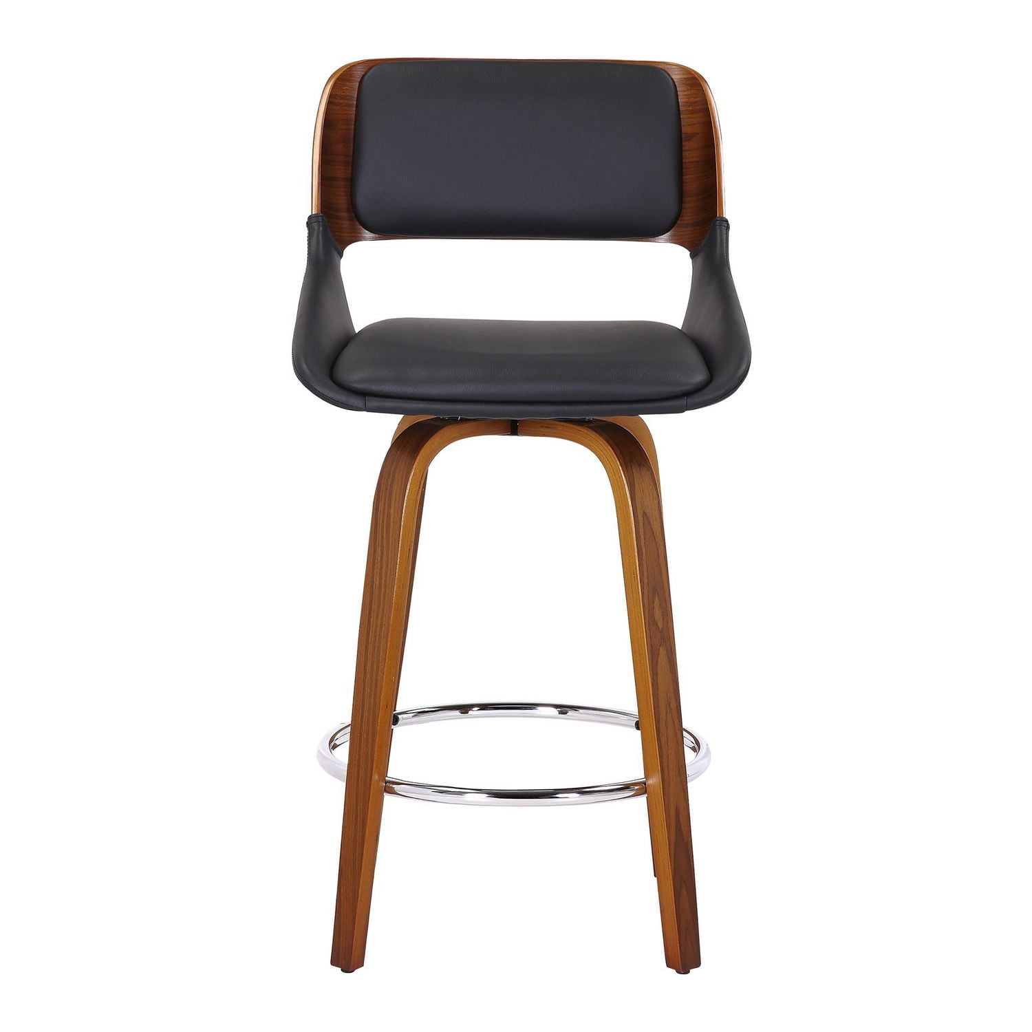 Mid-Century Faux Leather and Wood 26" Counter Stool with Swivel - Black and Walnut