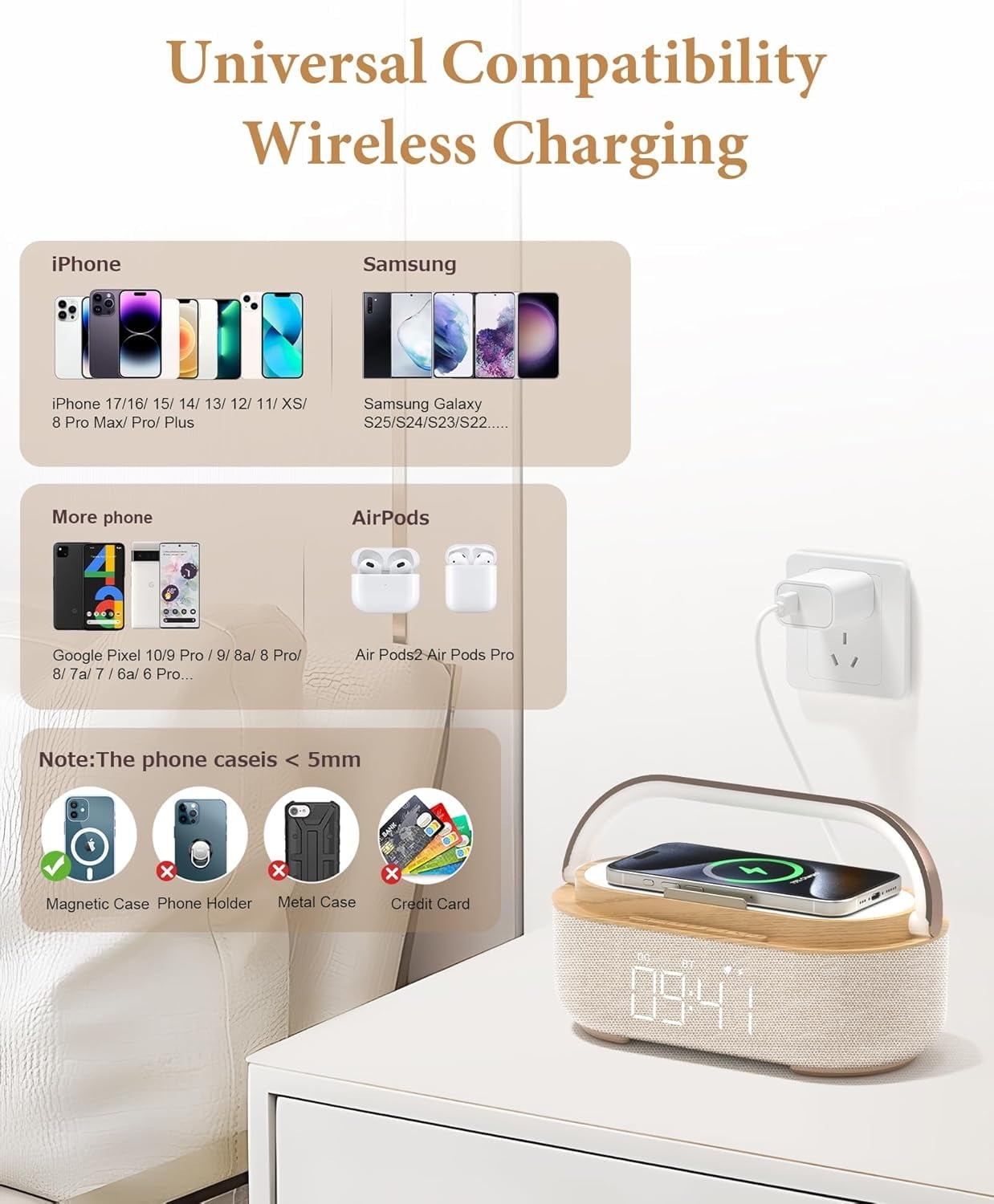 6-in-1 Wireless Charger Bluetooth Speaker with Alarm Clock, FM Radio & Night Light for iPhone Wood + 18W Adapter