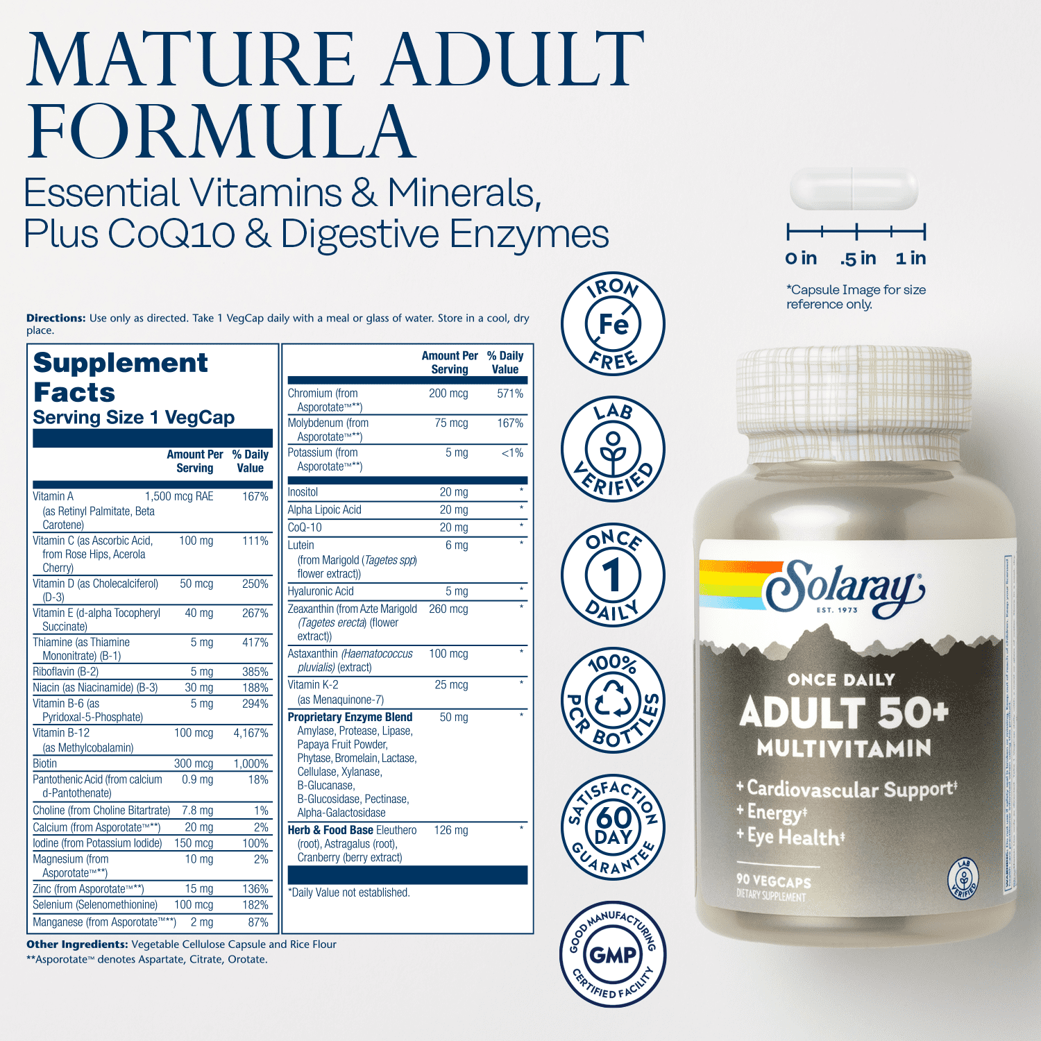 Solaray Once Daily Adult 50+ Multivitamin, Healthy Energy, Heart, Eye & Immune Support for Mature Adults, 90 VegCaps