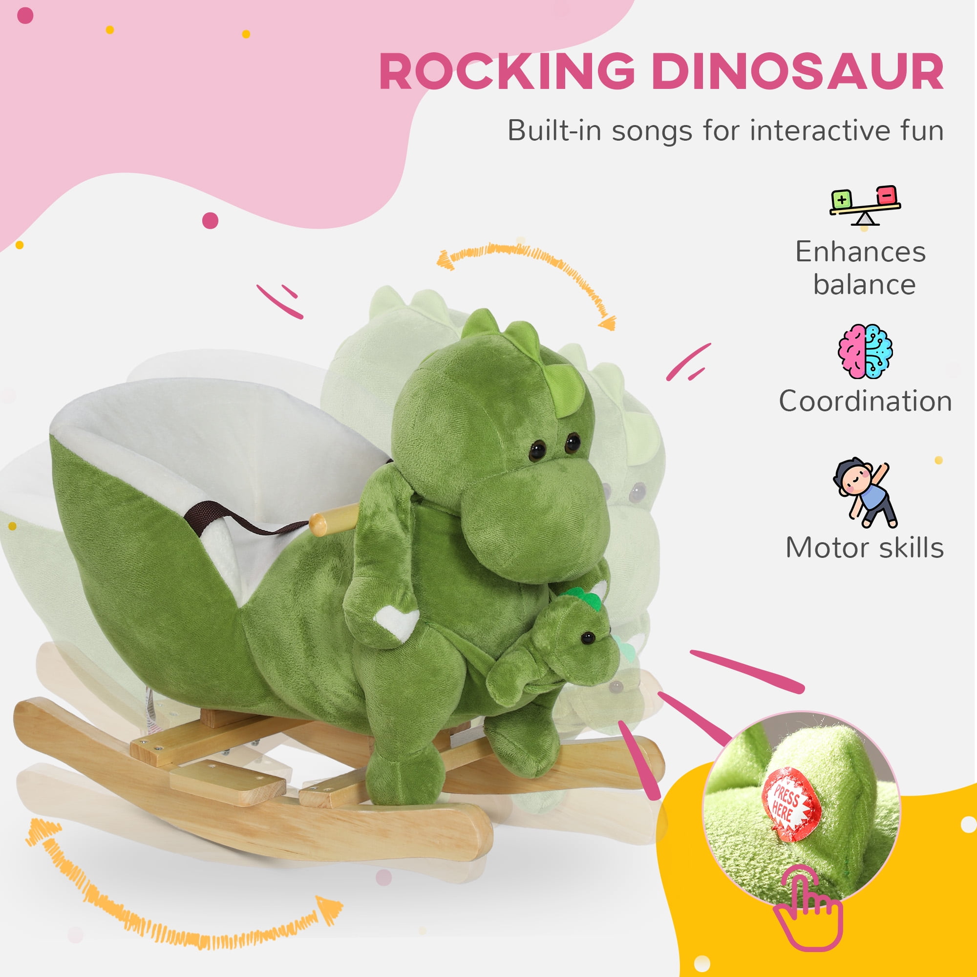 Qaba Baby Rocking Horse, Toddler Plush Dinosaur Animal Rocker with Seat Belt, 32 Songs, Hand Puppet, Rocking Chair for 18-36 Months, Green