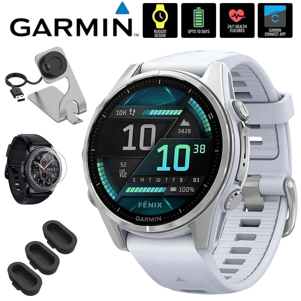 Garmin 010-02903-00 Fenix 8 43 mm, AMOLED, Silver with Whitestone Silicone Band Bundle with Deco Essentials Charging Dock, 3x Silicone Dust Cover and Tempered Glass Screen Protector