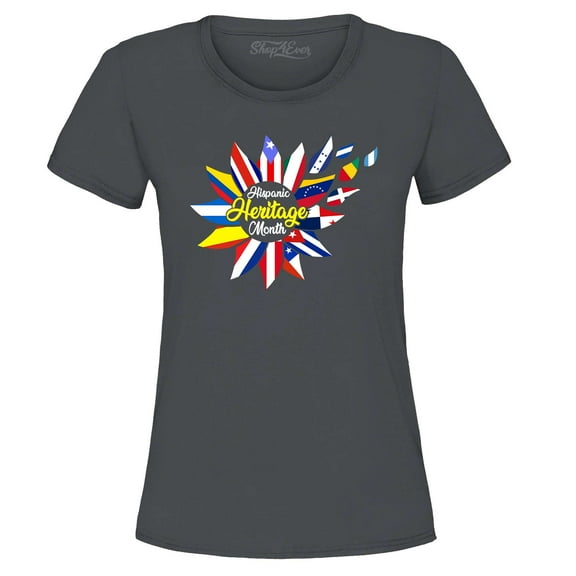 Shop4Ever Women's Hispanic Heritage Month Flag Flower Graphic T-Shirt X-Large Charcoal