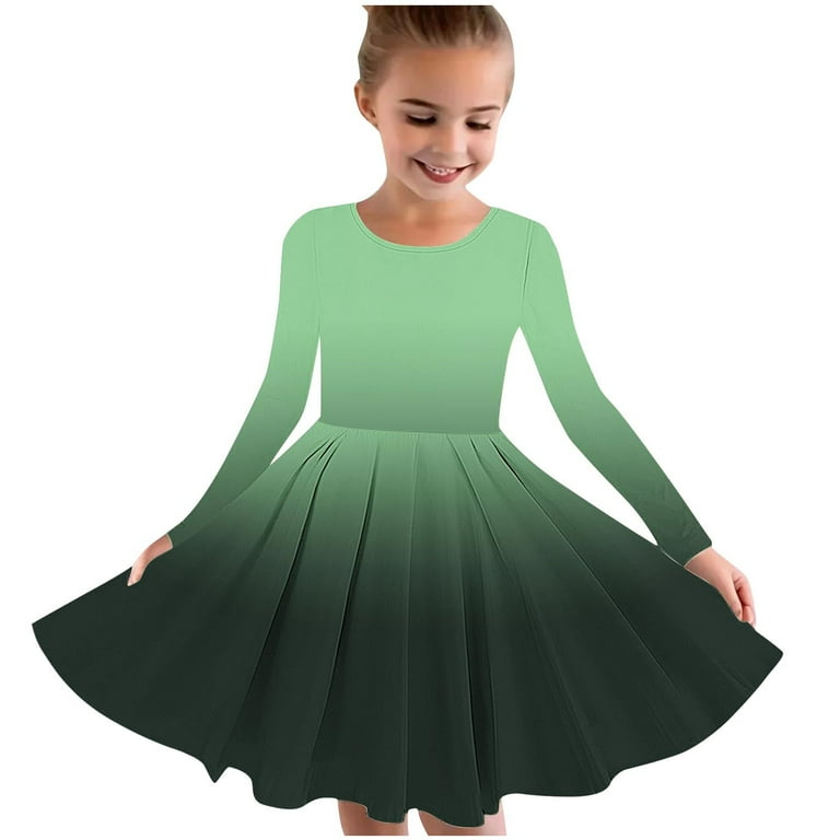 Atoguta Fall Dresses for Girls Green Long Sleeve Swing Dress A Line Twirly Skater School Recital Dress Size 4t-14