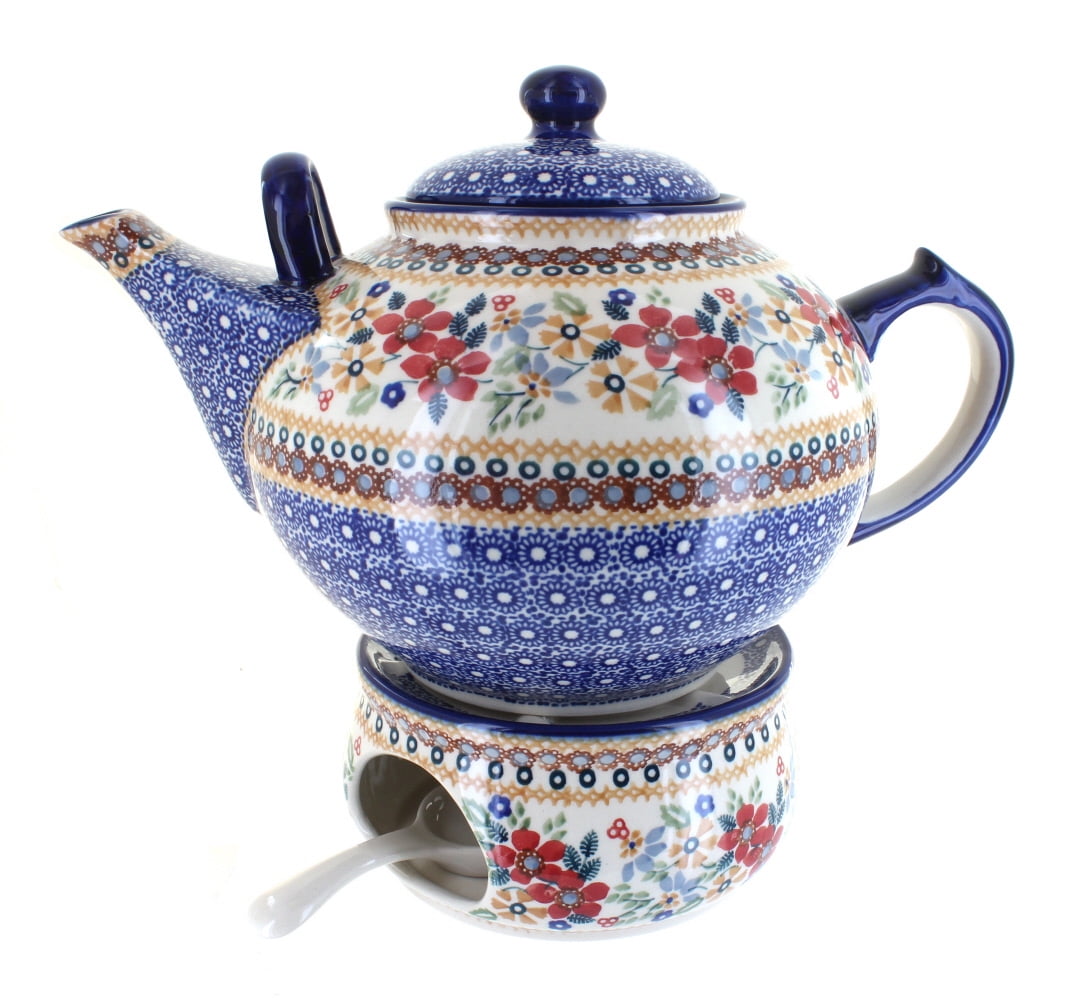 Polish Pottery Red Daisy Large Teapot & Warmer