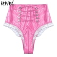 thumbnail image 2 of Lencería de mujer, ropa interior de látex, calzoncillos de charol brillante, calzoncillos de cintura alta con cordones y volantes, bragas de mucama, ropa de club, 2 of 5
