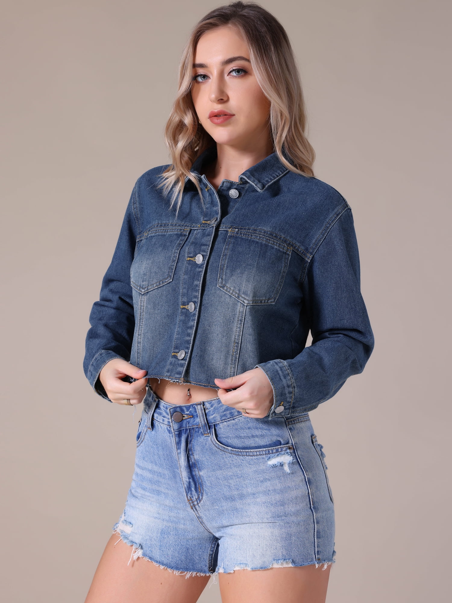 Unique Bargains Women's Cropped Washed Lightweight Frayed Hem Denim Jacket S Blue